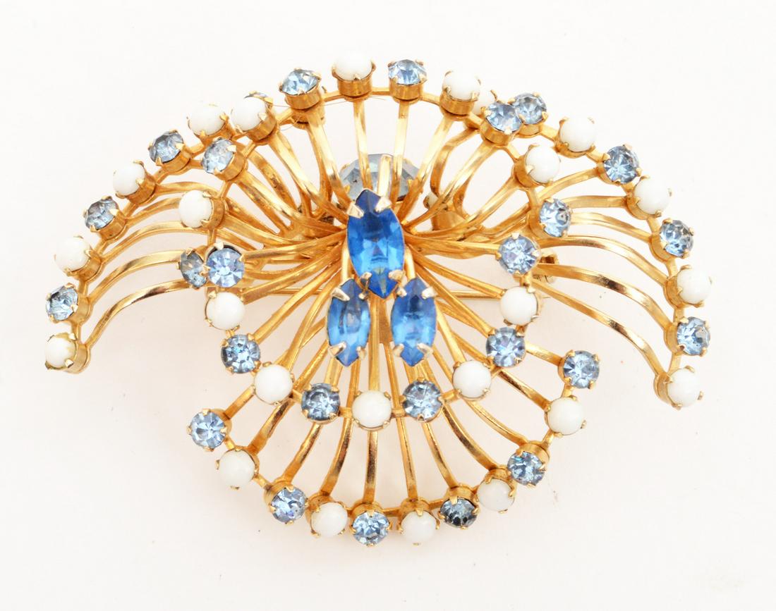 Hattie Carnegie Blue Crystal Spray Brooch: Hattie Carnegie large spray brooch with blue marquis crystals and white beads. 2.5"Lx2"H. Signed: Hattie Carnegie. Condition report: Very good - no issues. Please examine all photos closely. Contact C