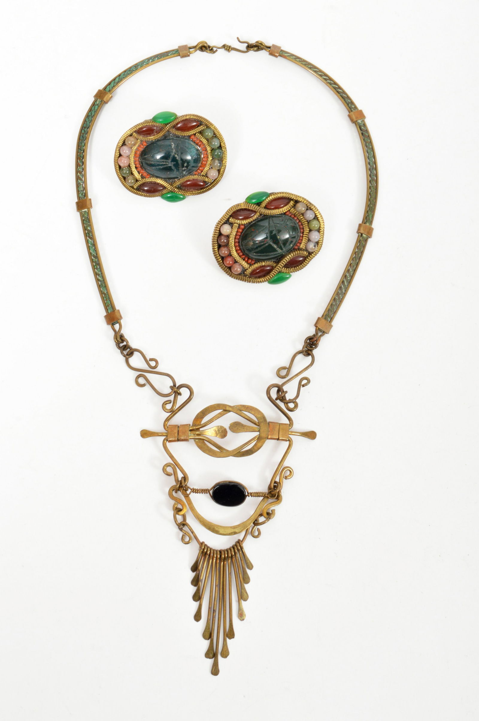 Vintage Brass Onyx Necklace Scarab Stone Earrings (1 of 7)