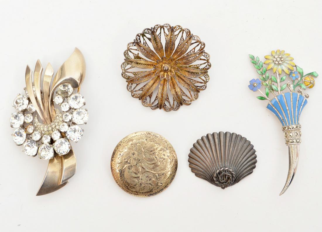 5 Vintage Sterling Silver Brooches Crystal Enamel (1 of 8)