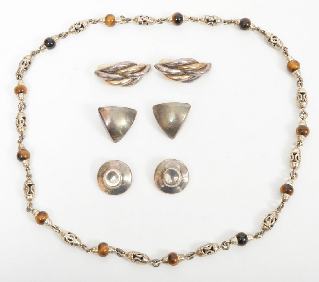 3 pair Sterling Earrings Tiger's Eye Necklace (1 of 6)