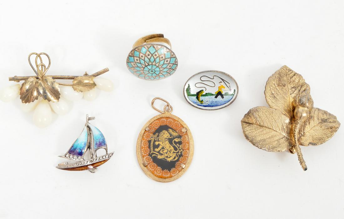 Lot of Sterling & 800 Silver Jewelry: Lot of jewelry: a sterling silver enamel sail boat pin, 1"L, a murano glass pendant in an 800 silver gold washed frame, an enamel under glass pin of a fisherman, 1" long, an intricate guilloche enamel