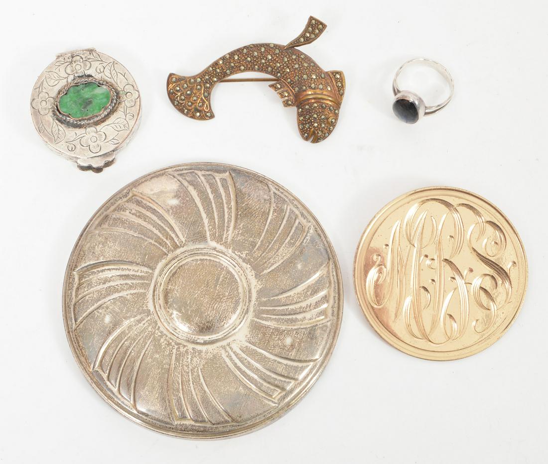 Lot of Sterling Brooch Tie Clip Mirror Trinket Box: Lot of sterling silver including a marcasite fish brooch - 2"L, a Towle purse mirror - 3" diameter, a round monogrammed (MRS) brooch with a gold wash - 2" diameter, a round trinket box with a bezel se