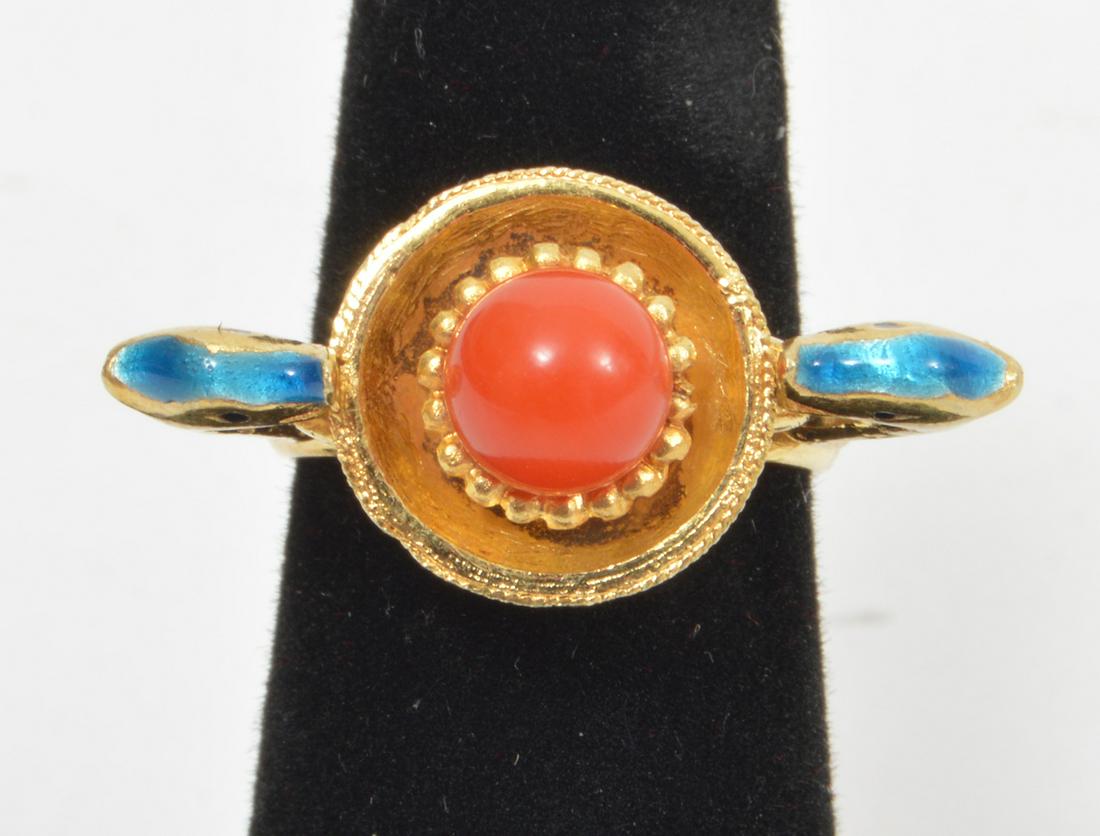 Etruscan Style Cora & Enamel Ring 14k Gold (1 of 4)