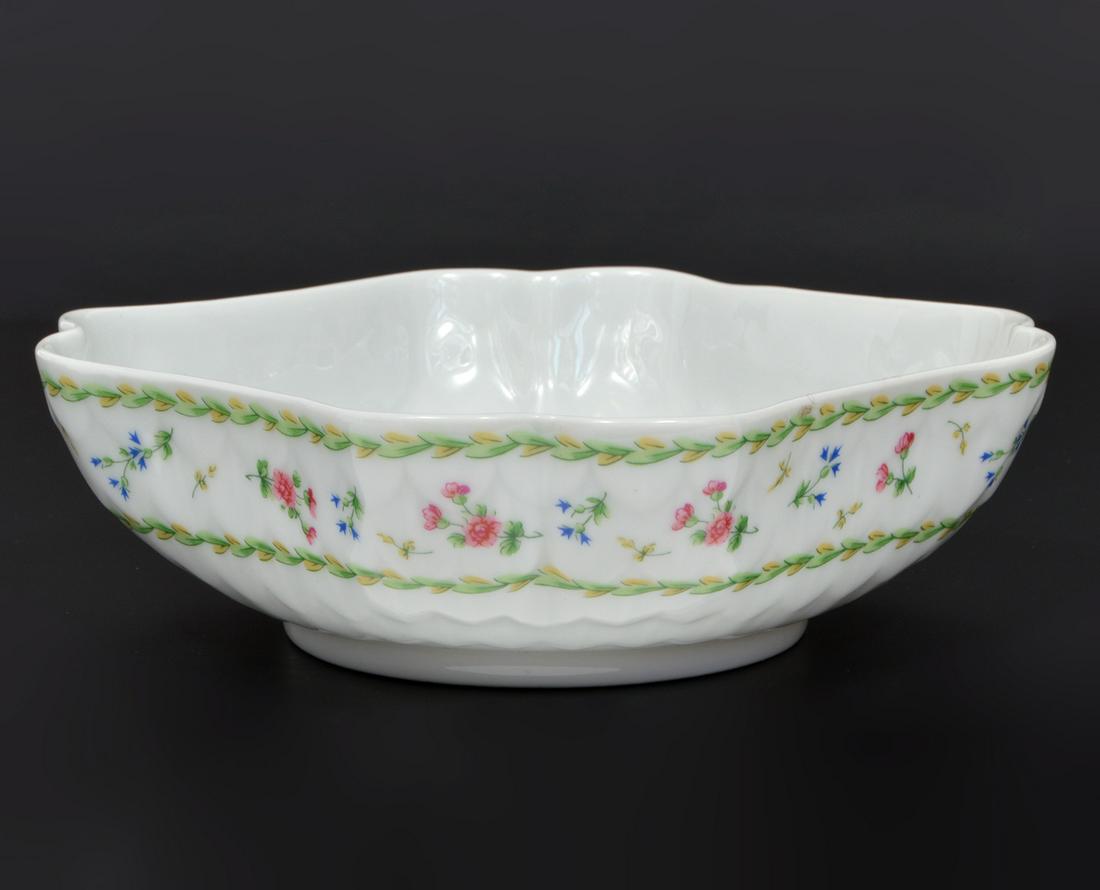 B & Co Limoges Bernardaud Porcelain Bowl: B & Co. Bernardaud, Limoges white porcelain bowl with a tiny flower design. 2.25"H x 6.5"L x 6.5"W. Condition report: Very good - no issues. Please examine all photos closely. Contact C. Biddle Auctio