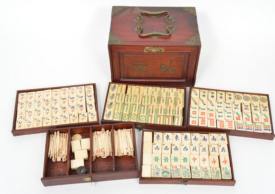 Antique Mah Jong Wood Box Set: Antique completer Man Jong set with bone and bamboo tiles in a wood box with 5 drawers. 6.25"Hx9.25"Lx6.25"W. Condition report: Front door of box is cracked otherwise in very good condition - no other
