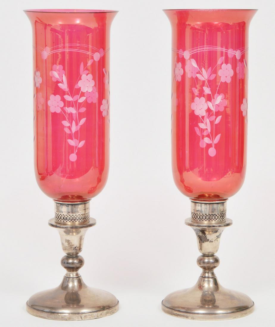 2 Sterling Cranberry Glass Hurricane Lamps (1 of 11)