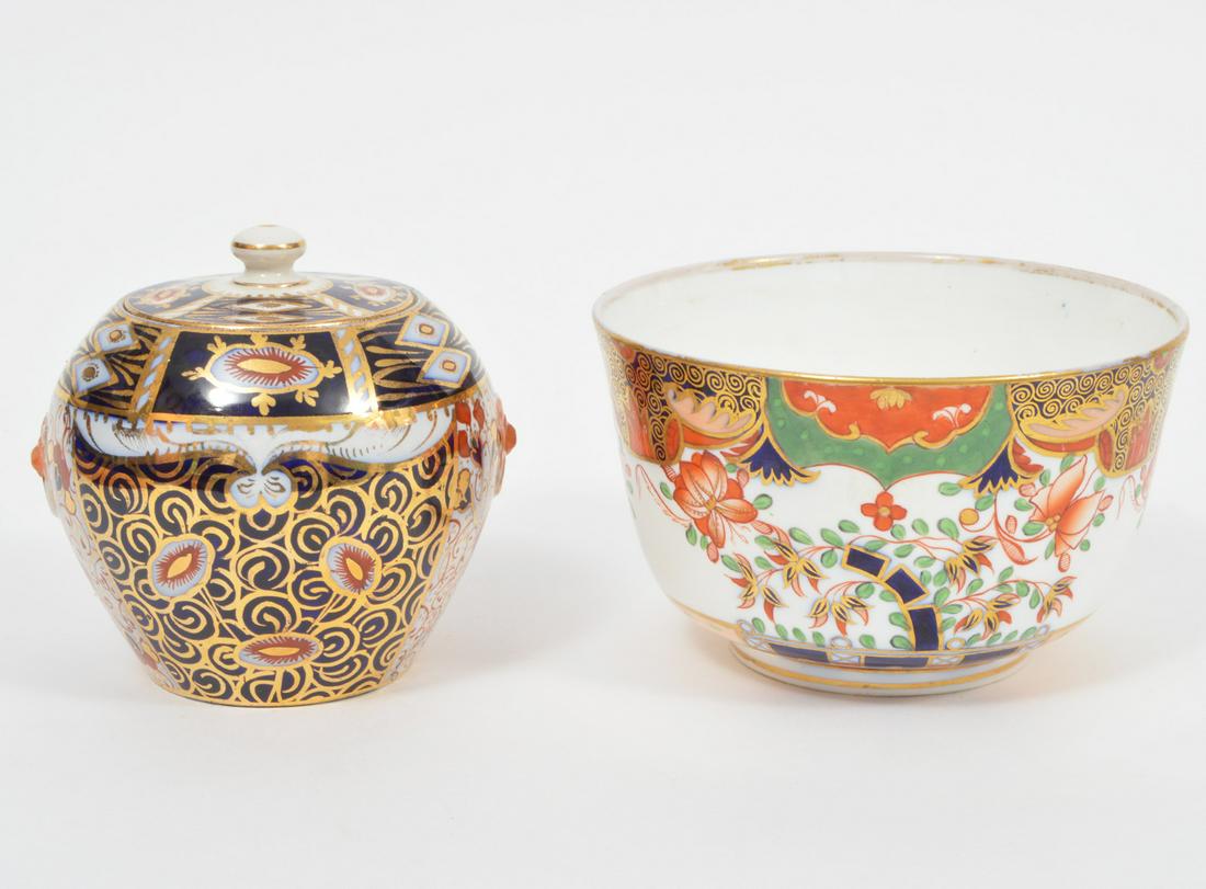 Antique Imari Bowl & Lidded Jar: Antique Imari English bowl and 19th century Adams Tunstall lidded Jar. Bowl - 6" diameter, 3.75"H. Jar - 4.5"H, 5" diameter. Condition report: Very good - no issues. Please examine all photos closely.