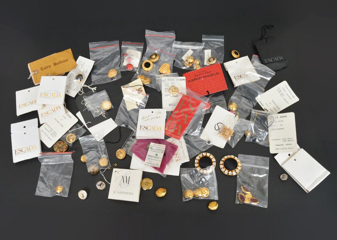 Lot of Designer Buttons Chanel Ferragamo St John: Lot of over 50 designer buttons including Chanel (1), Ferragamo, St John, Escada, Emanual Ungaro and more. Condition report: Very good - no issues. Please examine all photos closely. Contact C. Biddle