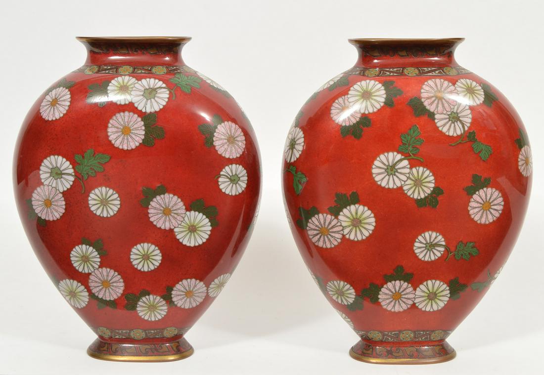 Pair Chinese Red Cloisonne Floral Vases (1 of 12)