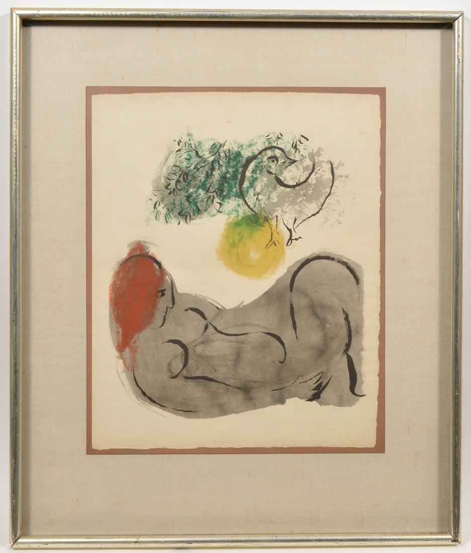 Marc Chagall Lithograph of Reclining Nude: Marc Chagall, Russia (1887-1985) Lithograph of a reclining nude under a bird and the sun. Measures 29.5"H x 24.25"W framed; 20"H x 15.5"W unframed. Condition report: good condition, see photos. Please