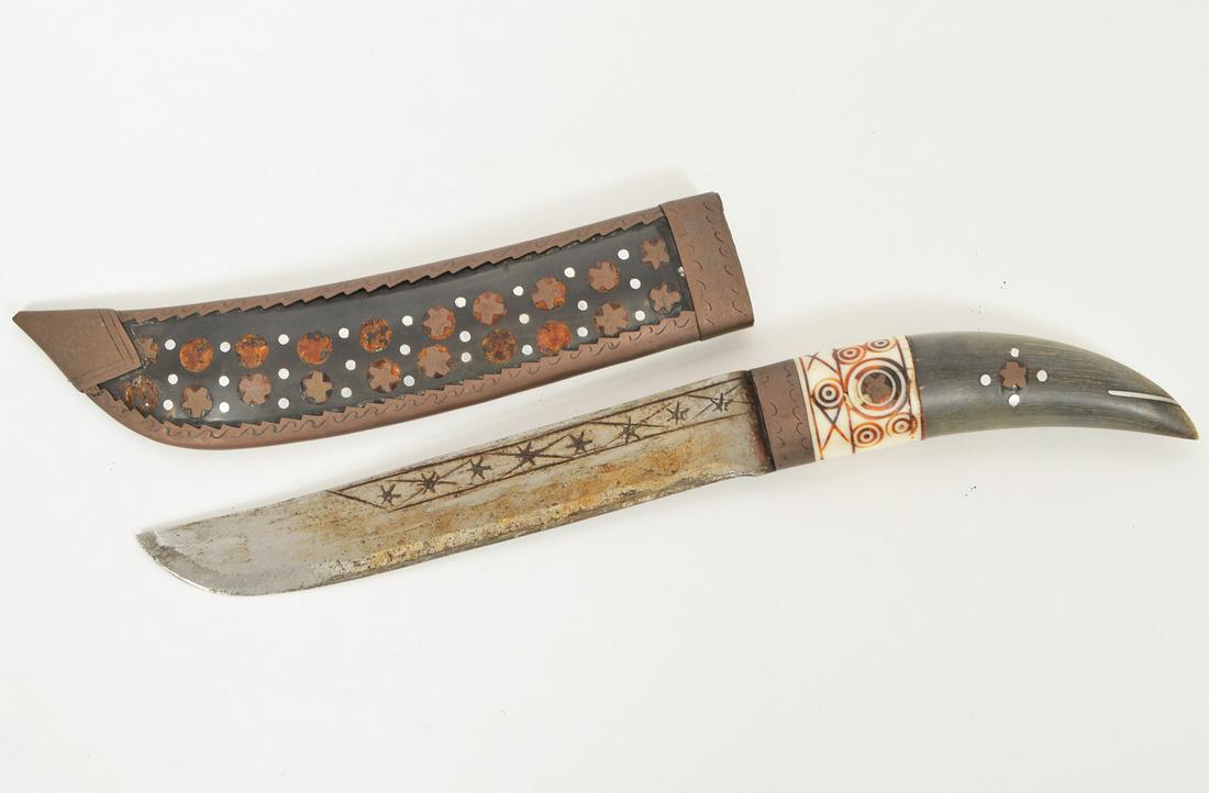 Antique Eskimo Dagger Horn Handle Bronze Sheath: Antique Eskimo Dagger with bronze and horn handle and sheath boasting silver and bone inlay. 12"L. Condition report: commensurate with age - some inlay missing. Please examine all photos closely. Cont