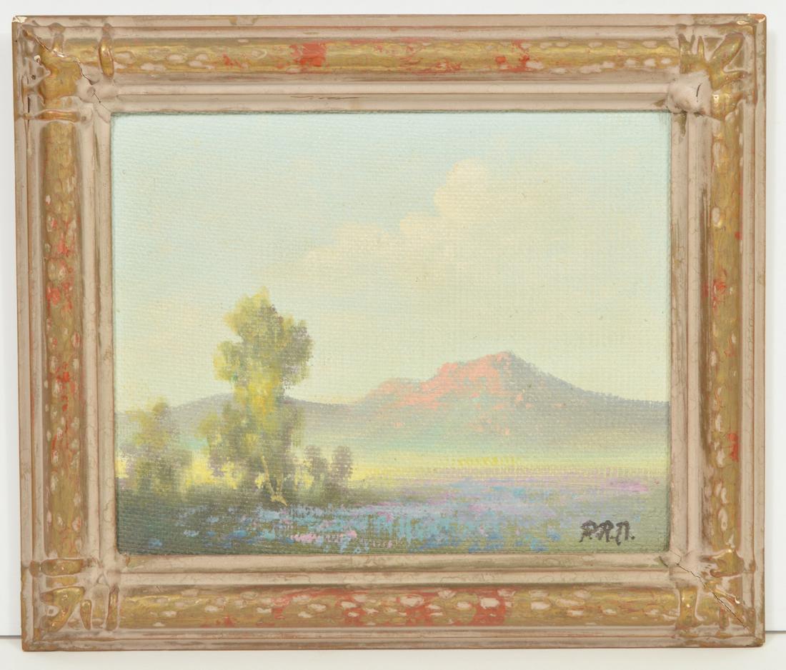 Adelbert Peter Raymond Drew Oil Painting: Adelbert Peter Raymond Drew, American (1884 - 1967). Landscape oil on board. Initialed bottom right. 8" H x 10"W, Framed 10.5" H x 12.5"W. Condition report: good with some wear to frame. Please examin