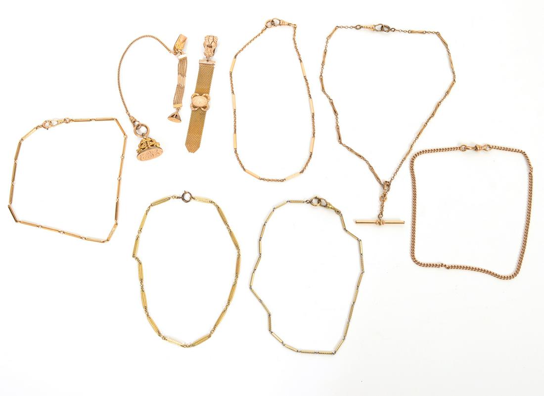 8 Vintage & Antique Gold Filled Watch Fobs: 8 vintage and antique gold filled watch fobs in various lengths. Condition report: wear commensurate with age - some light tarnish, no issues. Please examine all photos closely. Contact C. Biddle Auct