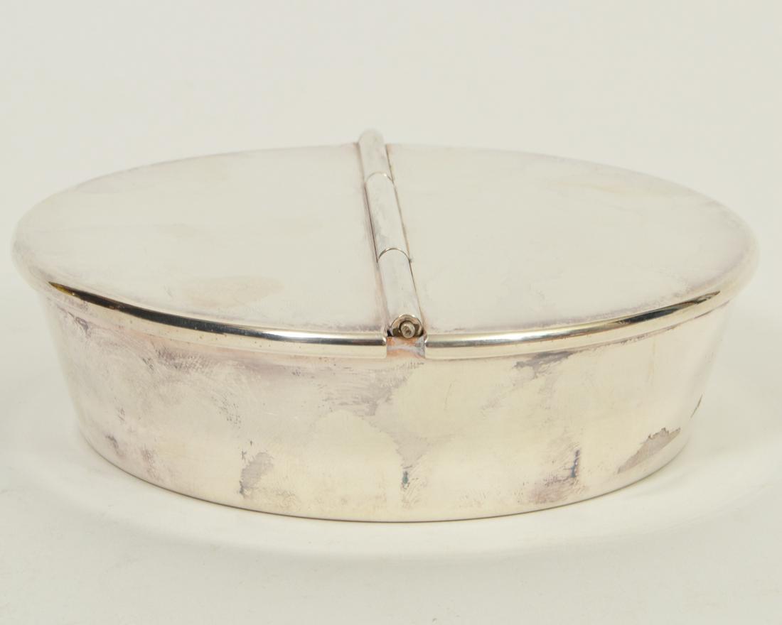 Zanetto Vintage Sterling Lidded Ashtray: Zanetto vintage sterling silver lidded ashtray. 5" diameter. 280 grams. Condition report: some scratches on lid. Please examine all photos closely. Contact C. Biddle Auction Gallery for more detailed 