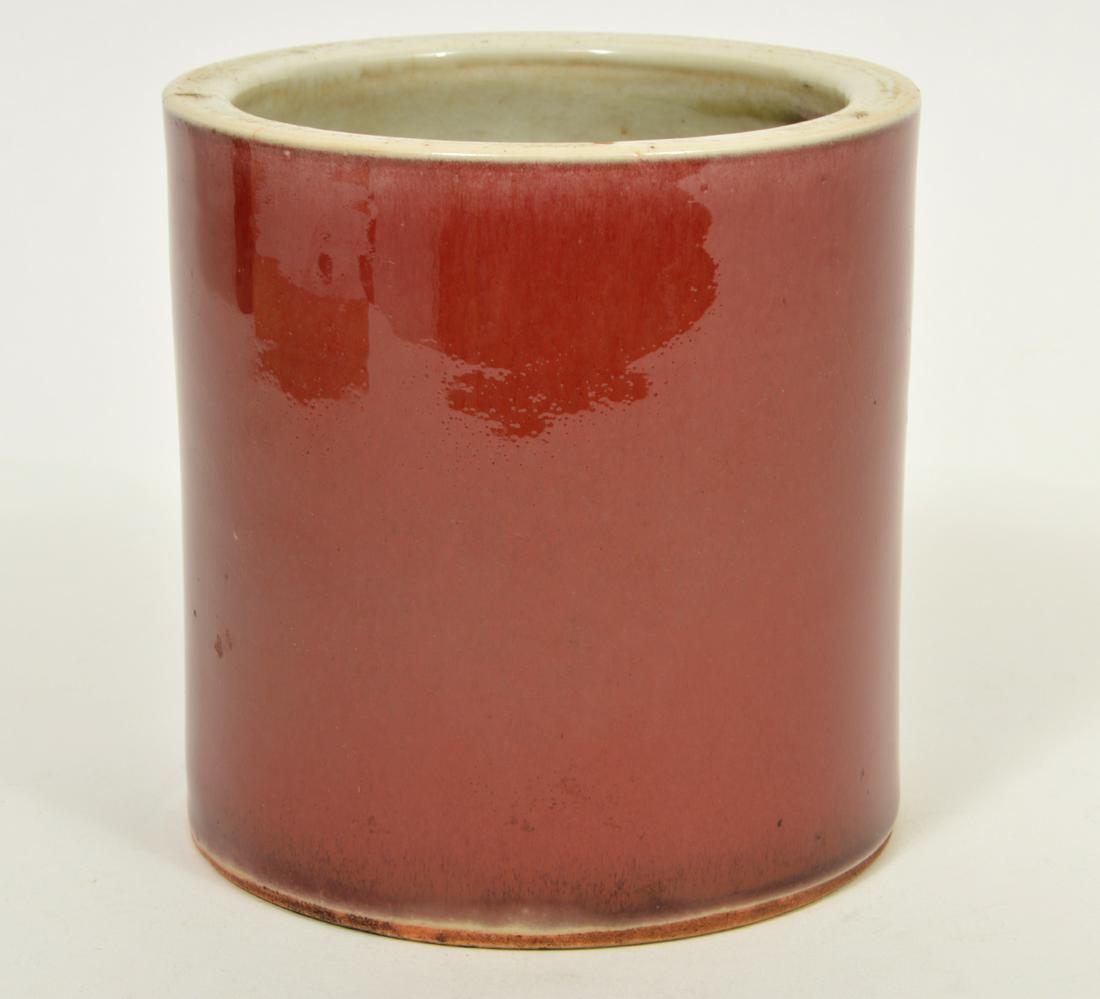 Antique Chinese Sang De Boeuf Jar: Antique Chinese Sang De Boeuf jar / brush washer. 5"H, 4.75" diameter. Condition report: Crazing on outside. Please examine all photos closely. Contact C. Biddle Auction Gallery for more detailed info