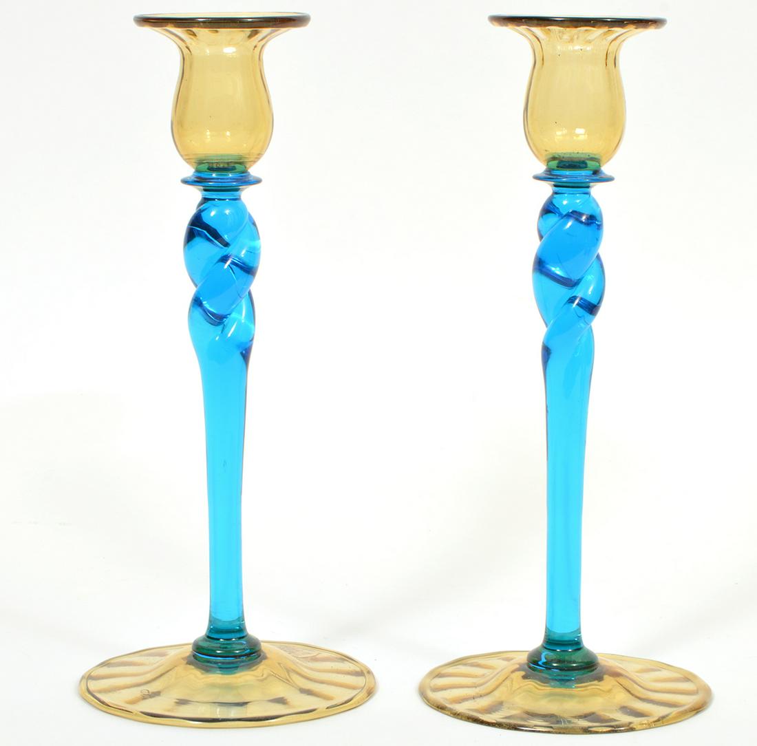 Steuben Art Glass Candlesticks Blue and Amber (1 of 5)