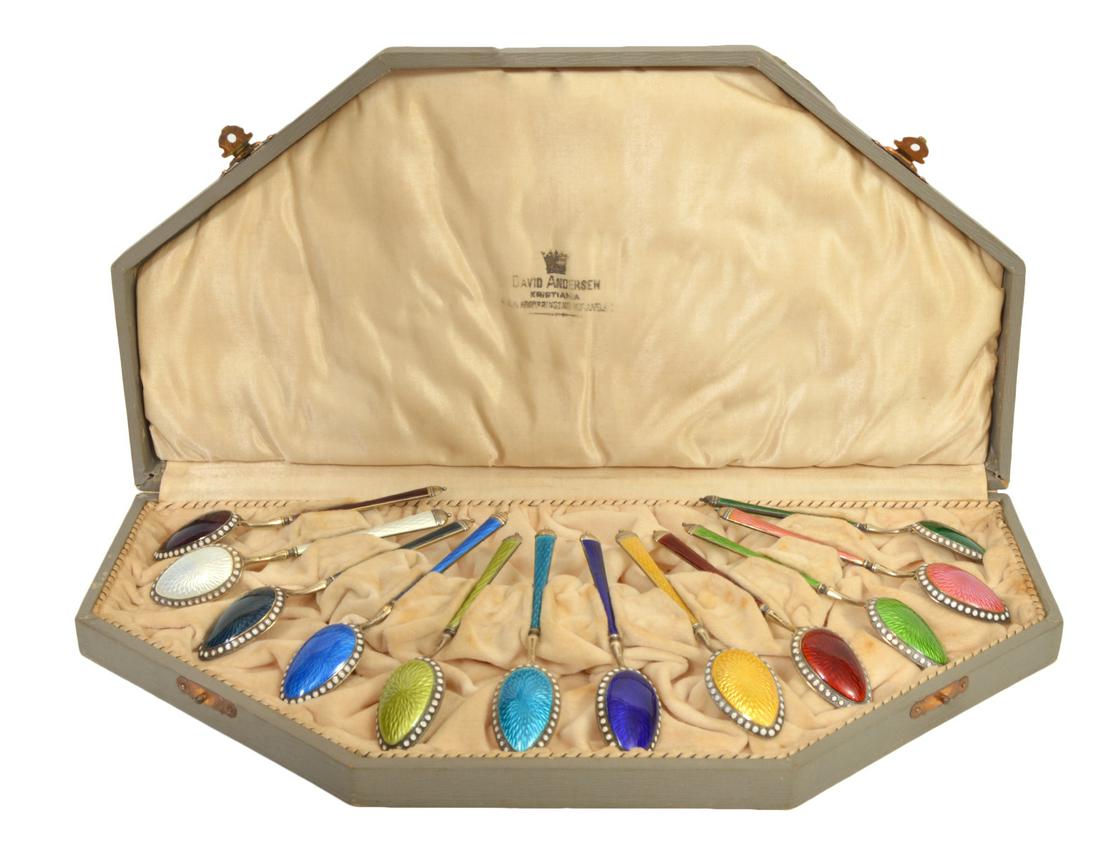 Set of 12 Silver & Enamel Spoons David Anderson (1 of 14)