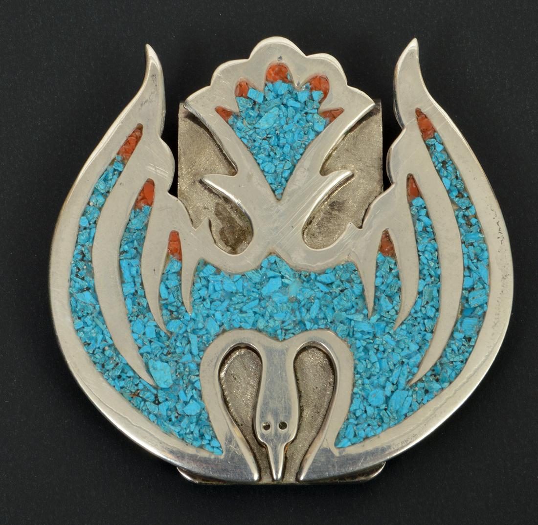 Zuni Inlaid Coral Turquoise Phoenix Money Clip: A hand crafted Zuni money clip featuring a Phoenix bird inlaid with turquoise and coral. TW: 54 grams. 2.25" x 2.25". Condition report: Good - no issues. Please examine all photos closely. Contact C. 