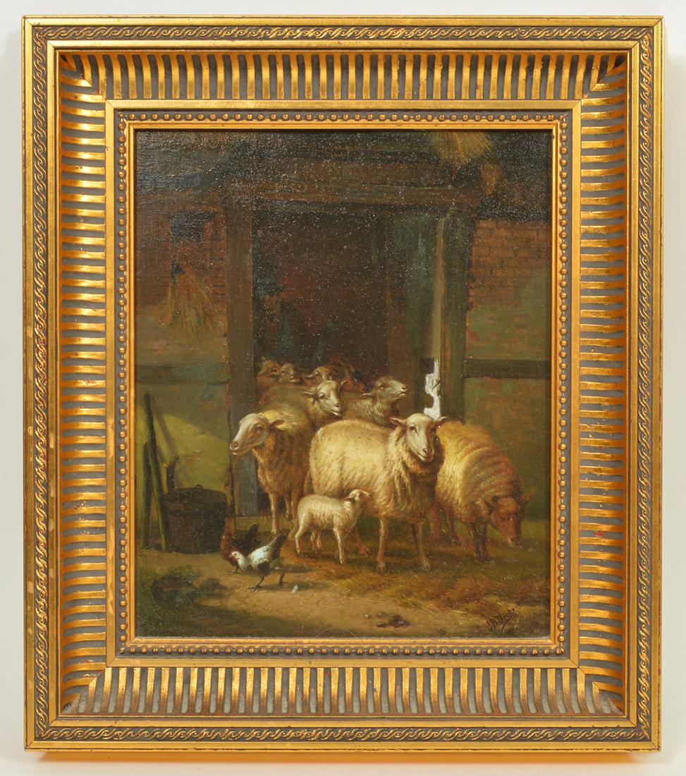 Signed Oil Painting on Canvas of Sheep: Signed oil painting of sheep and a chicken. Signed bottom right. Oil on canvas. 11" H x 9" W unframed; 16"H x14"W framed. Condition report: good based on age. Please examine all photos closely. Contac