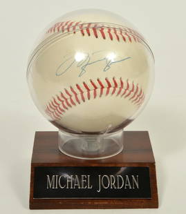 Signed Michael Jordan Baseball: Signed Michael Jordan baseball. No COA but came from the estate of Lorraine and Dave Thomas. Please examine all photos closely. Contact C. Biddle Auction Gallery for more detailed information. C.