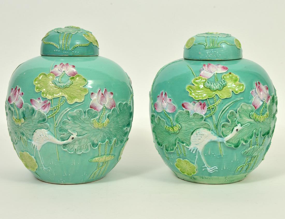 Pr Chinese Ginger Jars w/ Lids Raised Water Scene (1 of 10)