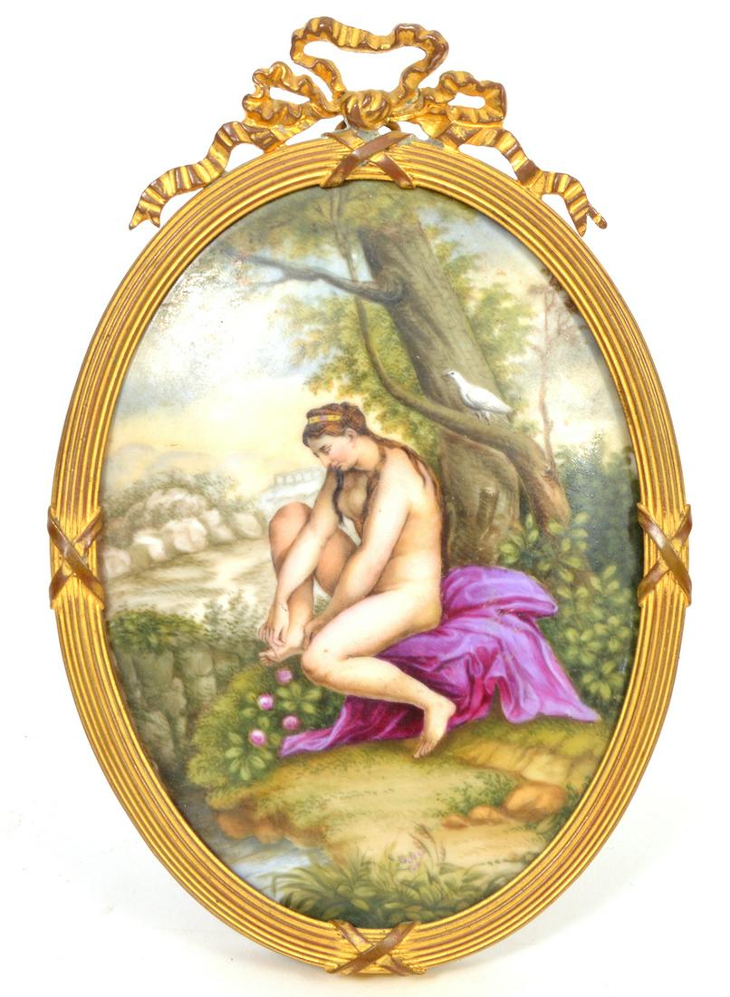 Miniature Portrait of Nude on Porcelain: Miniature portrait on porcelain of nude by Bohemian painter Christian Fischer Pirkenhammer, (1846-1857). Gilt bronze oval frame with easel back. Incised on verso CF. Measures 6"H x 4"W framed; 4.75"H 