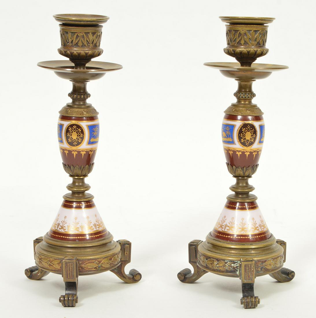 Pr. French Antique Bronze & Porcelain Candlesticks (1 of 6)