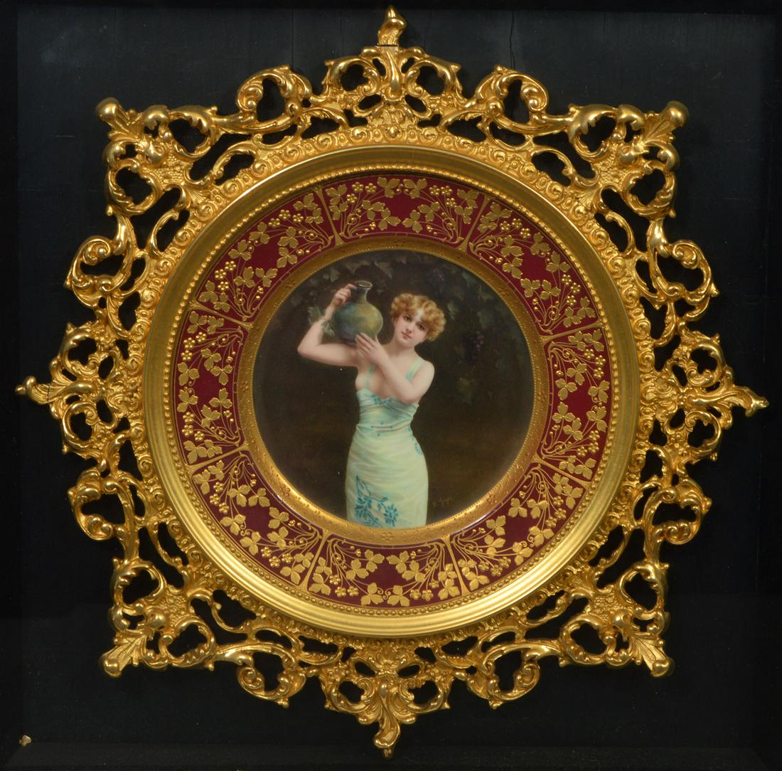 Tiffany & Co Lenox Signed Bruno Geyer: Lenox plate by Tiffany & Co. signed by artist Bruno Geyer. Elaborately framed in ornate open work gilt and mounted in black box frame. Marked on back of plate. Measures 19.25"H x 19.25"W x 2"D frame;
