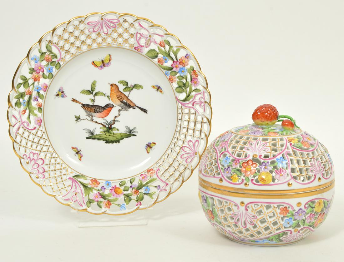 Herend Bird Pattern Plate and Pierced Covered Bowl (1 of 9)