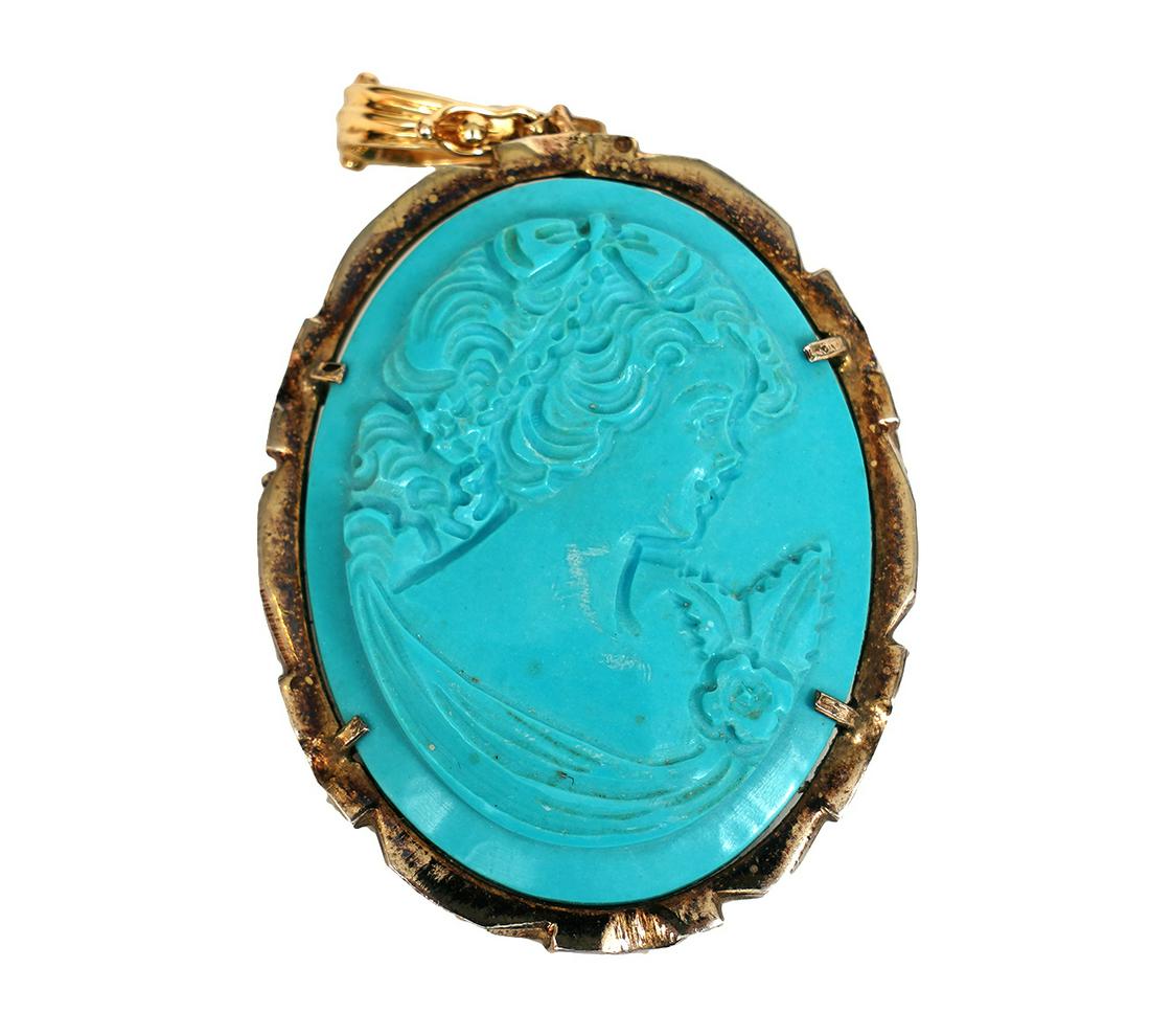 Large Persian Turquoise Cameo Gold Framed Pendant (1 of 5)