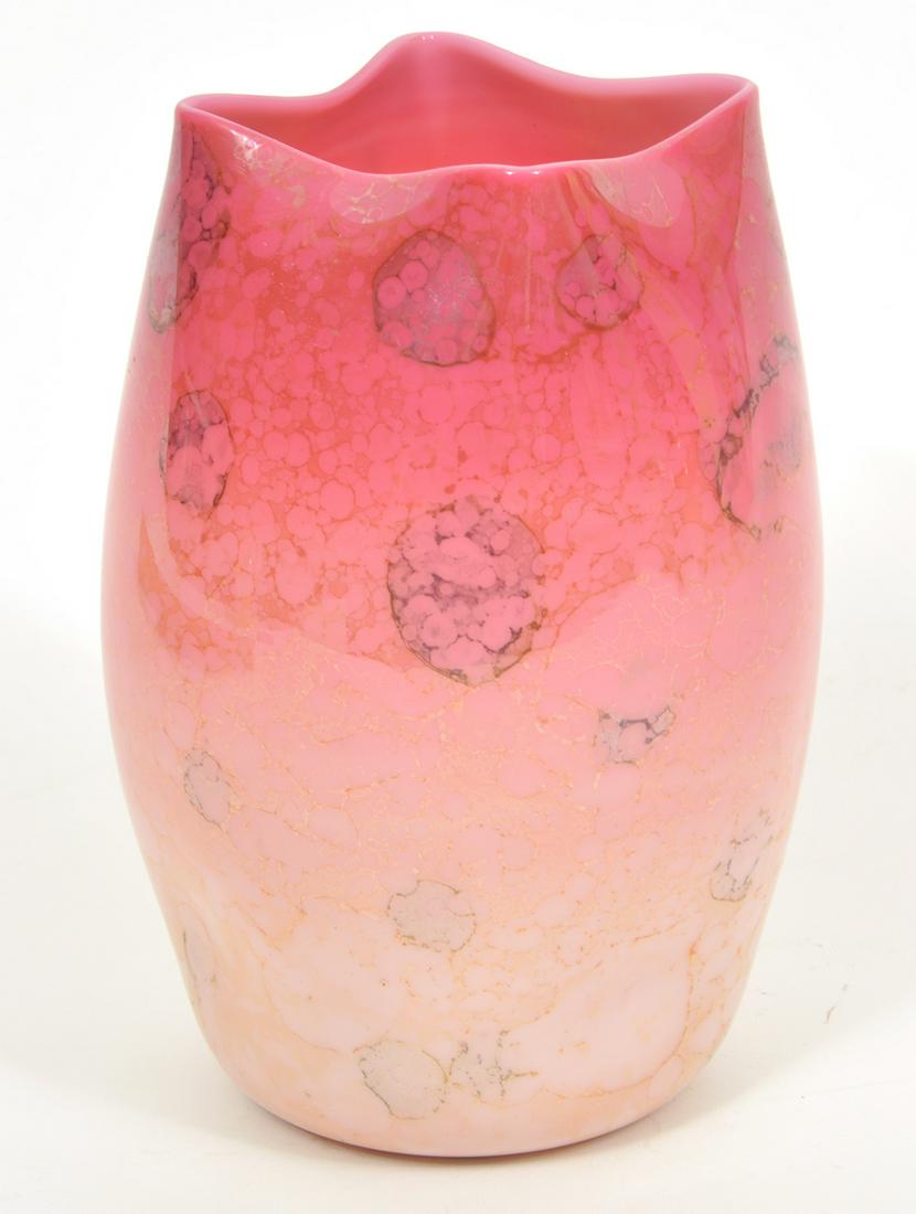 New England Peachblow Agata Glass Vase: New England Peachblow Agata glass vase with glossy finish over gilt designs on pink fade to yellow body. Top is squared off over cylindrical body. Measures 5.75"H x 3.75"W. Condition report: good cond