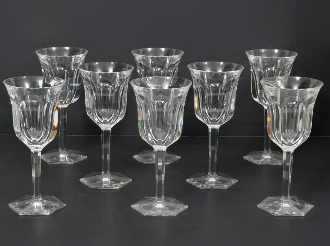 9 Baccarat Malmaison Claret Wine Glasses: 9 Baccarat Claret wine glasses, blown glass crafted in France, marked on bottom. One is new in original box with label and booklet. Measures 6.75"H. Condition report: no issues, good condition, see ph