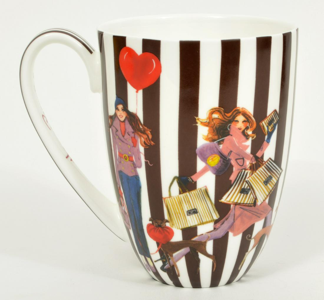 Henri Bendel Bone China Coffee Mug: Henri Bendel bone china fashion coffee mug 'Shop Til You Drop'. Classics black and white striped background with 5 females, 3 dogs, and shopping bags. Signed on base and inside handle. Measures 5"H x 