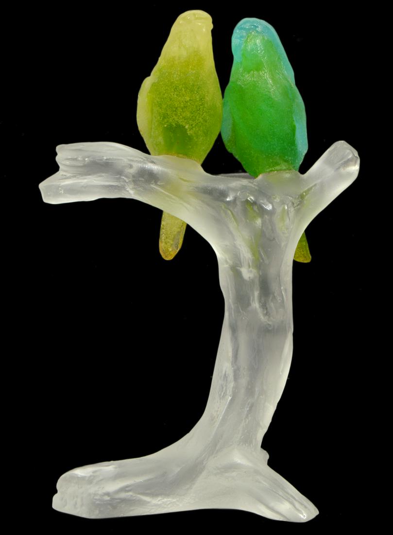 Daum Pate de Verre Birds on Branch: Daum France crystal pate de verre, birds on a branch. Signed on bottom. 9.25" H x 6" W x 5.5" D. Condition report: repair to tail of green yellow bird, birds glued to branch (original or not?). Please