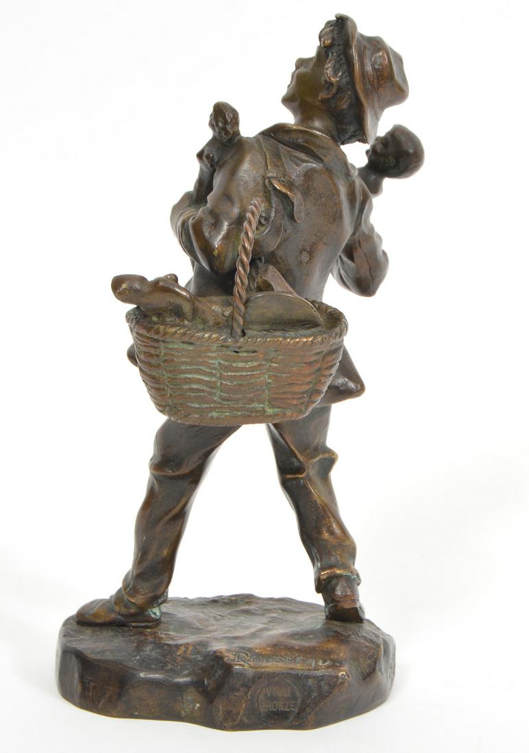 Victor Rousseau Bronze Sculpture of a Boy: Victor Rousseau, Belgium (1865-1954) Signed bronze sculpture of young boy with a basket, Vrai foundry. Measures 7.75"H x 4.5"W x 3.75"D. Condition report: good condition, no issues, see photos. Please