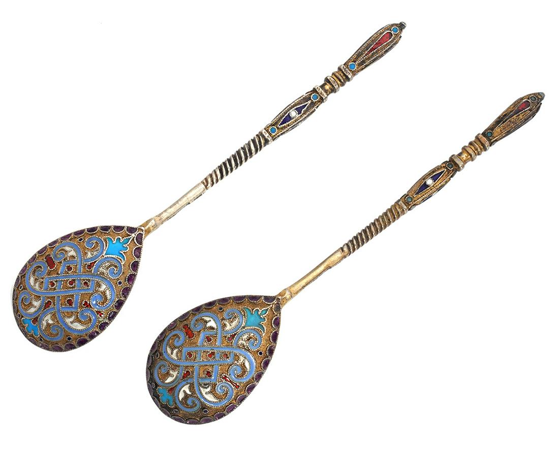 Pair of Russian Enamel & Silver Spoons (1 of 5)