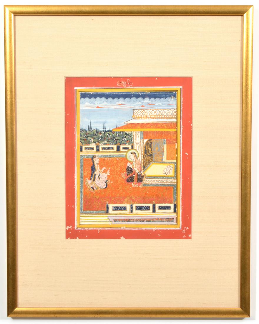 Indian Mughal Watercolor Painting: Indian Mughal Watercolor on paper mounted under glass. Visible 10.5" H x 8.25" W, framed 20.5"H x 16"W. Condition report: flaking to paint, see photos. Please examine all photos closely. Contact C. Bi