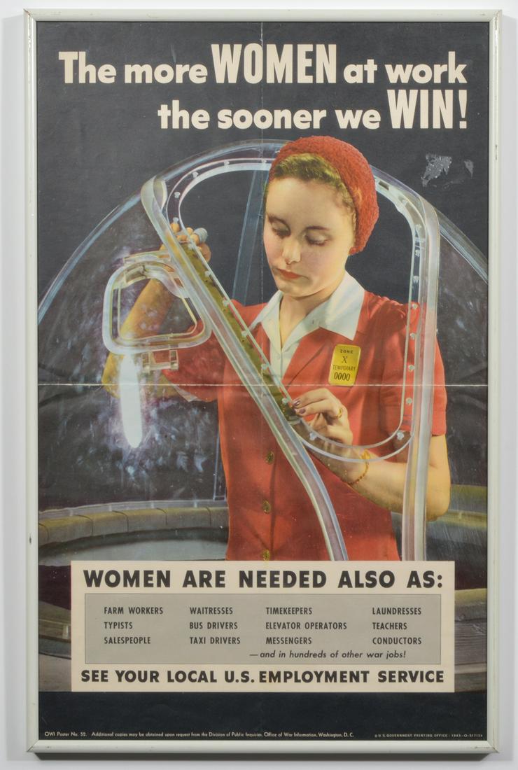 World War II Poster 'Women at Work': World War II Poster. 'The mire women at work the sooner we win!'. Framed 22.25" H x 14.25" W. Condition report: poster appears to have been folded. Please examine all photos closely. Contact C. Biddle