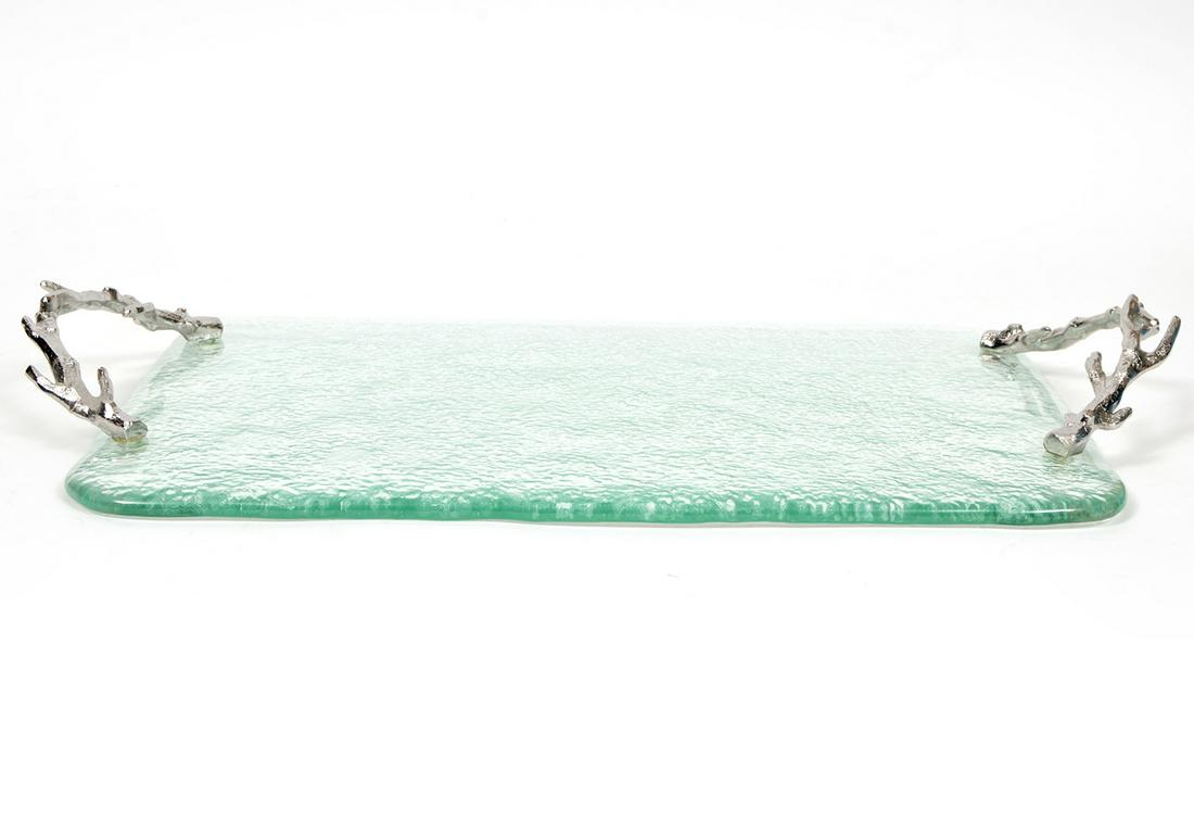 Aram Ocean Coral Glass Platter: Michael Aram Ocean Coral Glass Platter signed on edge. Glass is finished with a 'ripple' effect and the coral shaped handles are nickel plated. Measures 15.75"L x 11.5"W; 19"L with handles. Condition