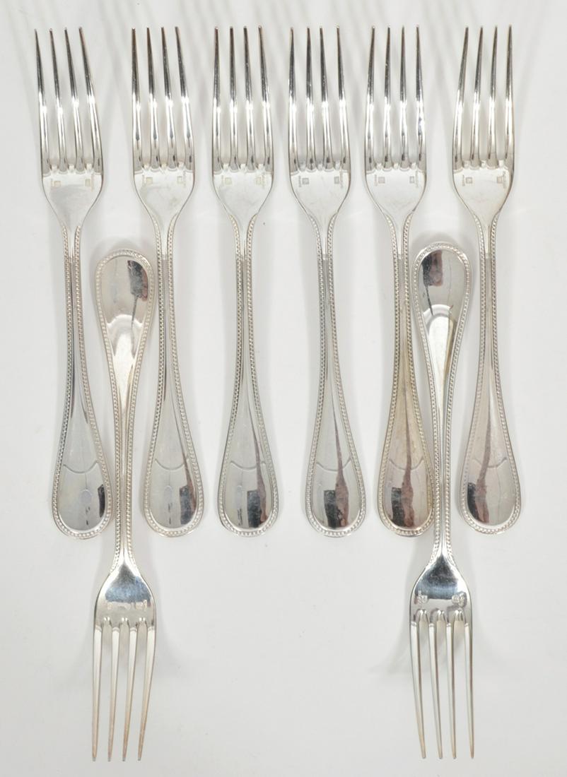8 Christofle Silverplate 'Perles' Dessert Forks: 8 Christofle silverplate 'Perles' dessert forks, measure 6.75"L. Condition report: good condition, see photos. Please examine all photos closely. Contact C. Biddle Auction Gallery for more detailed in