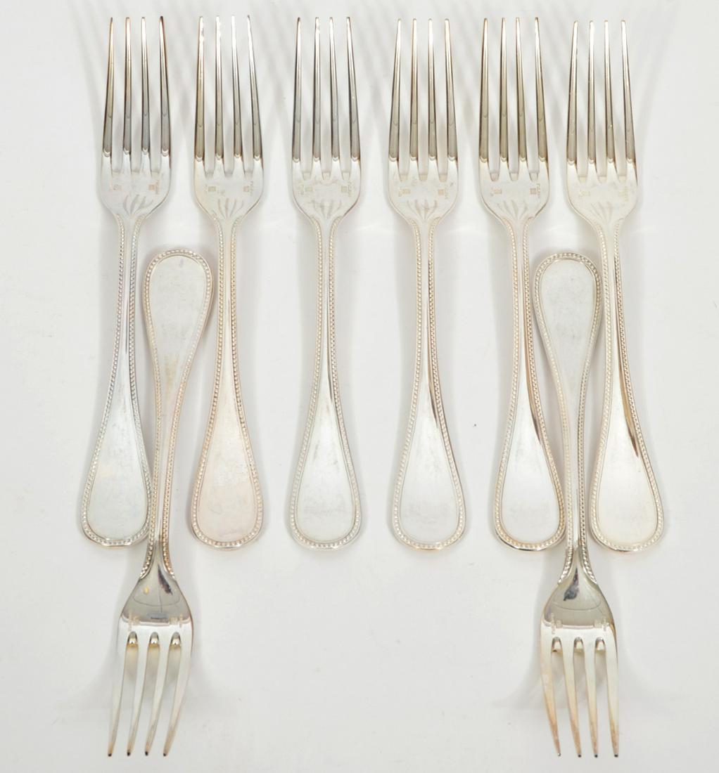 8 Christofle Silverplate 'Perles' Forks: 8 French Christofle silverplate 'Perles' forks, measure 6.75"L. Condition report: good condition, see photos. Please examine all photos closely. Contact C. Biddle Auction Gallery for more detailed inf