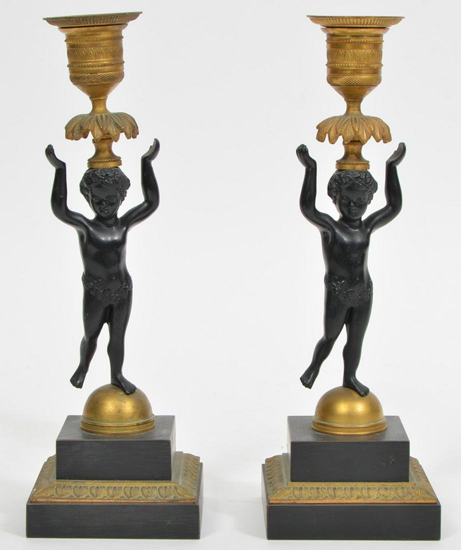 Pr. Empire Patinated & Gilt Putti Candlesticks (1 of 7)