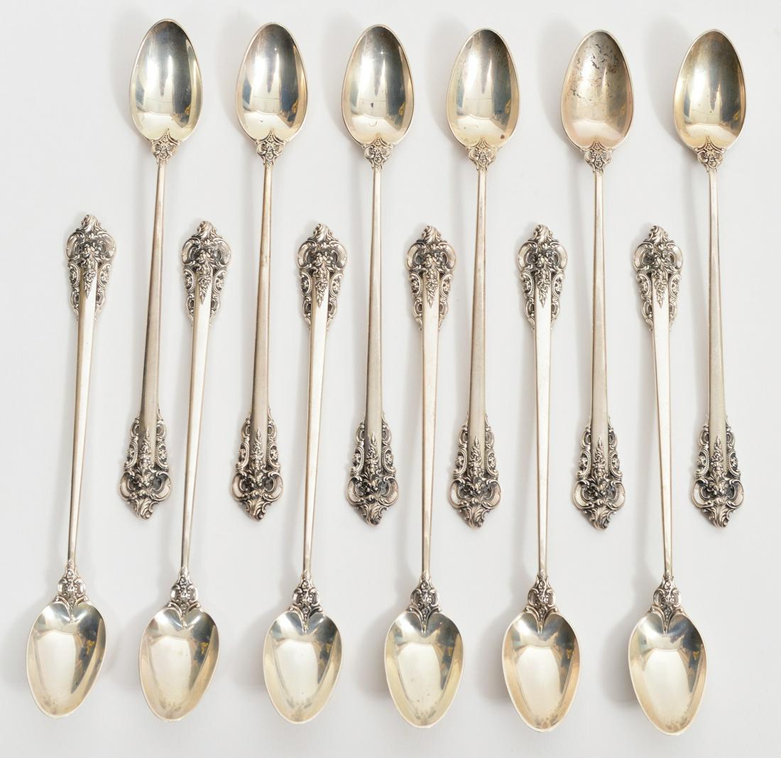 12 Sterling Grande Baroque Iced Tea Spoons: 12 sterling iced tea spoons Grande Baroque pattern by Wallace, measures 7.5". Total weight 456 grams. Condition report: good condition, surface wear and scratches due to usage, see photos. Please exam