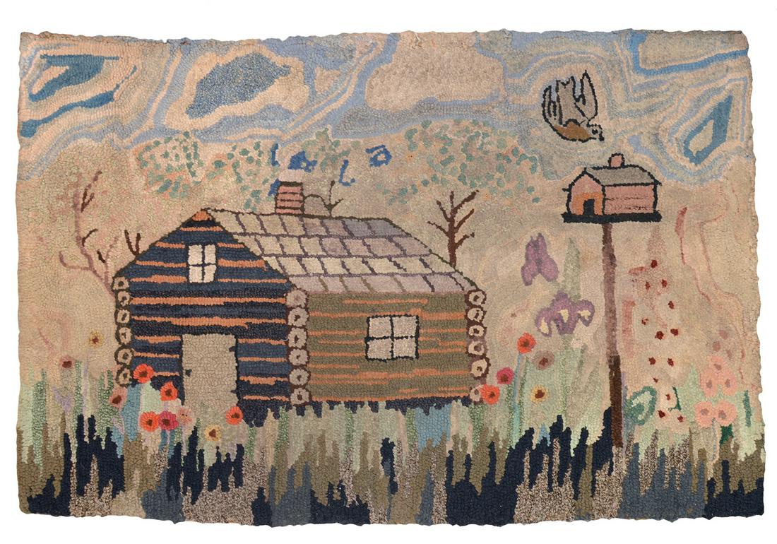 Folk Art Log Cabin Hook Rug (1 of 4)