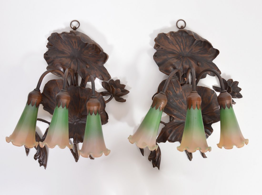 Pr. Bronze Wall Sconces w/Art Glass Shades (1 of 6)