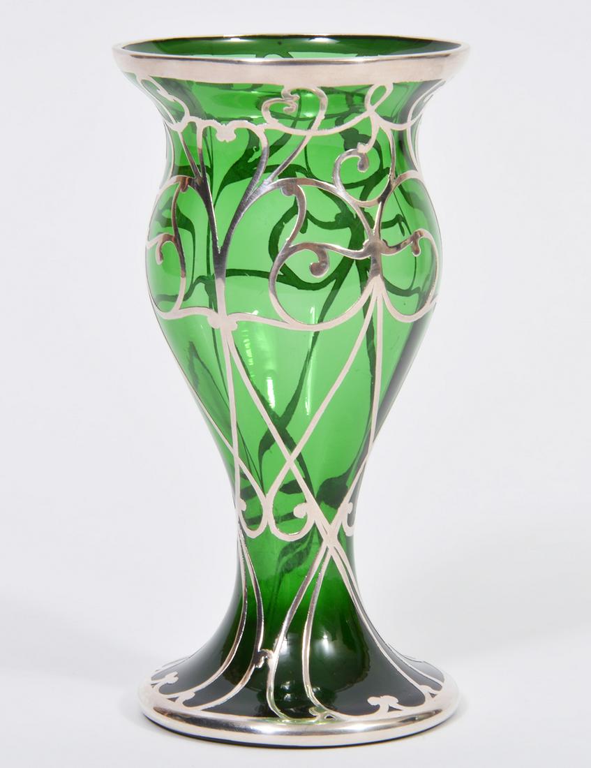 Green Glass Vase with Silver Overlay (1 of 7)