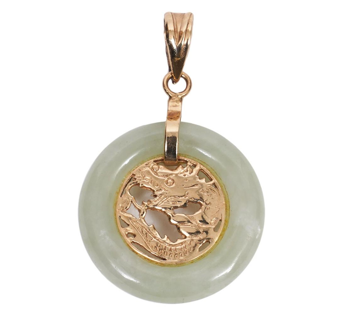 14 K YG Dragon Set in a Jade Charm (1 of 4)