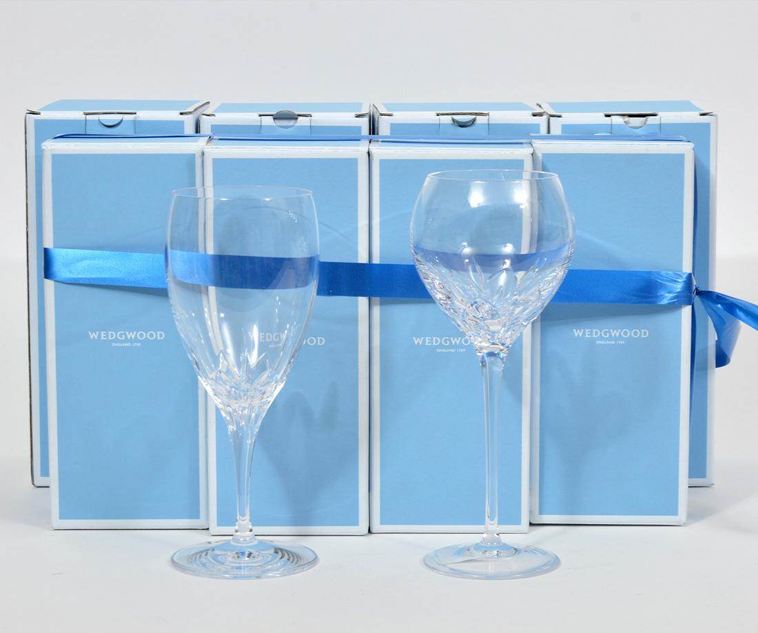 8 NEW in Box Wedgwood Knightsbridge Glasses: 8 NEW in box Wedgwood Knightsbridge 4 Wine Glasses & 4 Iced Beverage Blown Glass, made in England. Wine: 8.5"H x 2.75" W. Iced Beverage: 8"H x 3"W. Condition report: NEW IN BOX. Please examine all pho