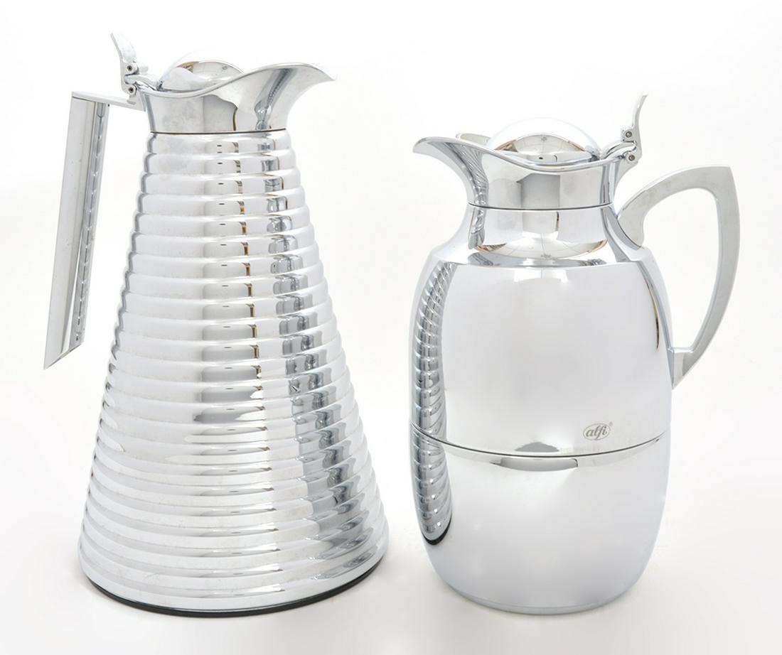 2 German Alfi Chrome Plated Carafes: German Alfi chrome plated brass carafe, double walled vacuum sealed liner. Measures 9.75"H, 1 liter capacity. Condition report: good, see photos. Chrome plated copper carafe with ribbed finish, stainl