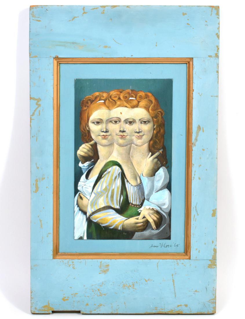 Jane Flora Folk Art Oil Painting on Board: Jane Flora, American (20th Century). Painting on board of three women. Signed lower right. Inside frame 14.5"H x 9.5"W, framed 24" x 14". Condition report: good, with some wear to frame. Please examin